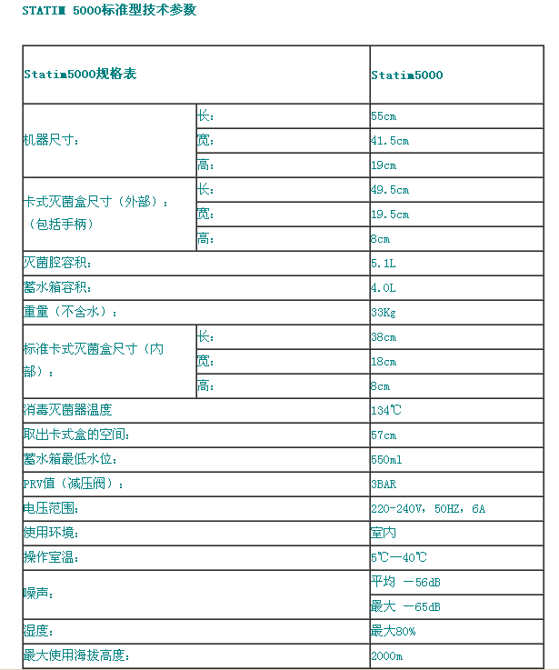 5000S 标准型 技术参数